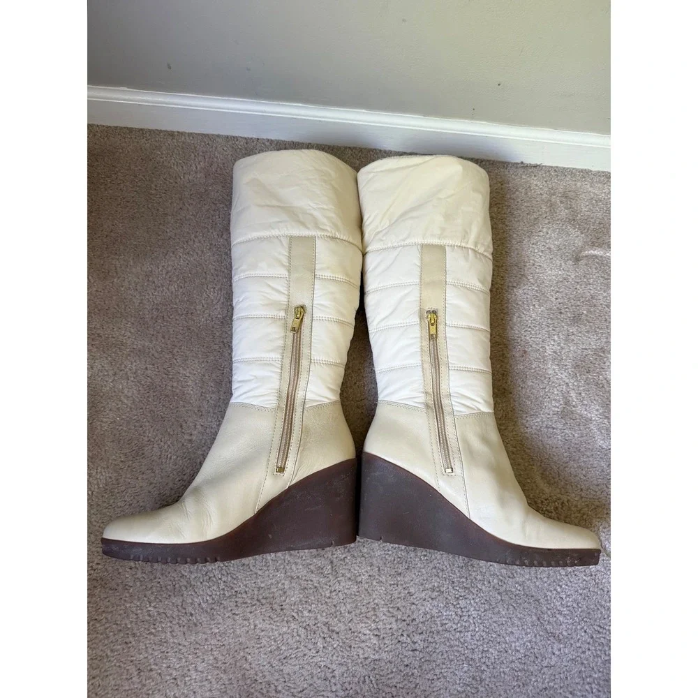 UGG Australia Wedge Boots Foldover Quilted Leather Sheepskin Cream Womens‎ 9
